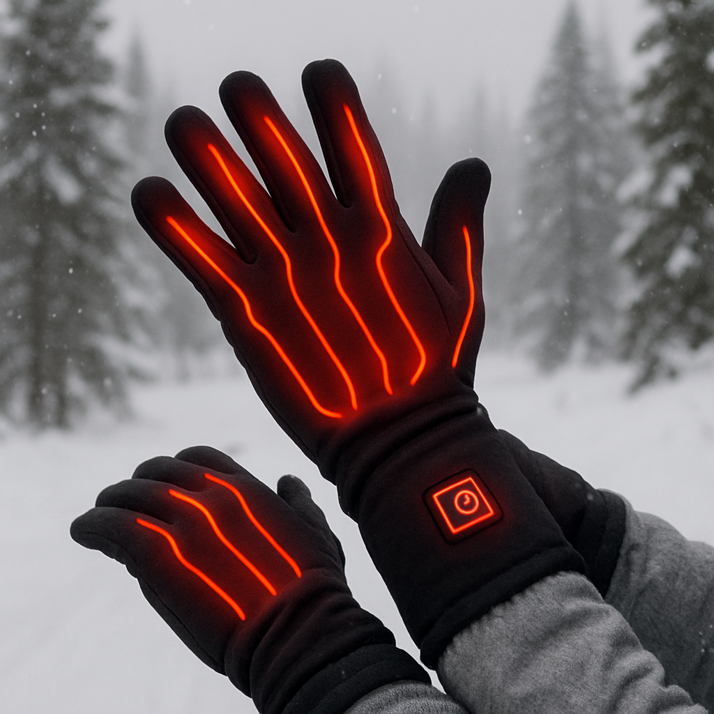 Person wearing heated glove liners in snowy environment