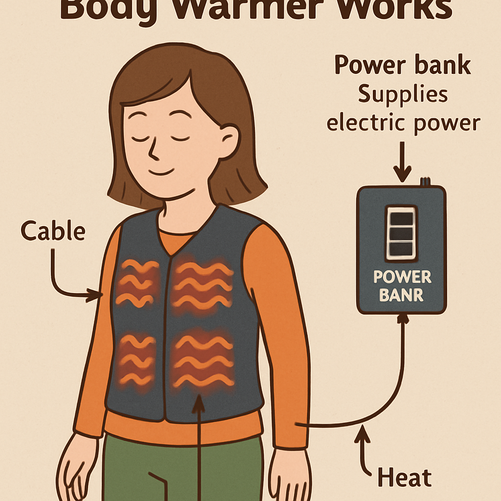 Illustration of how a rechargeable body warmer works