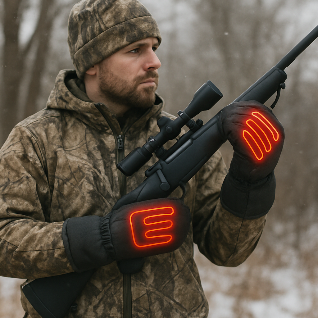 Hunter wearing heated mittens with a trigger finger