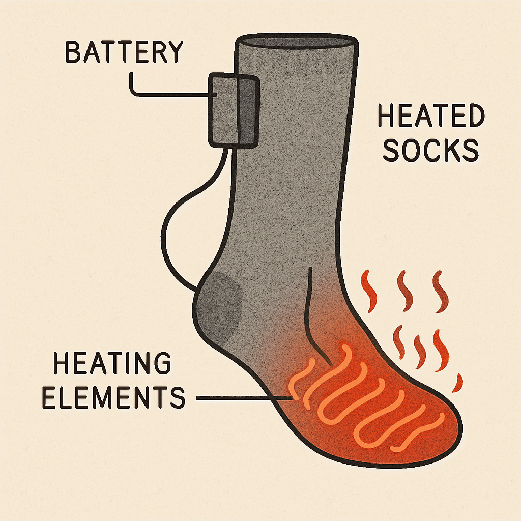 Diagram of heated socks with battery and heating elements