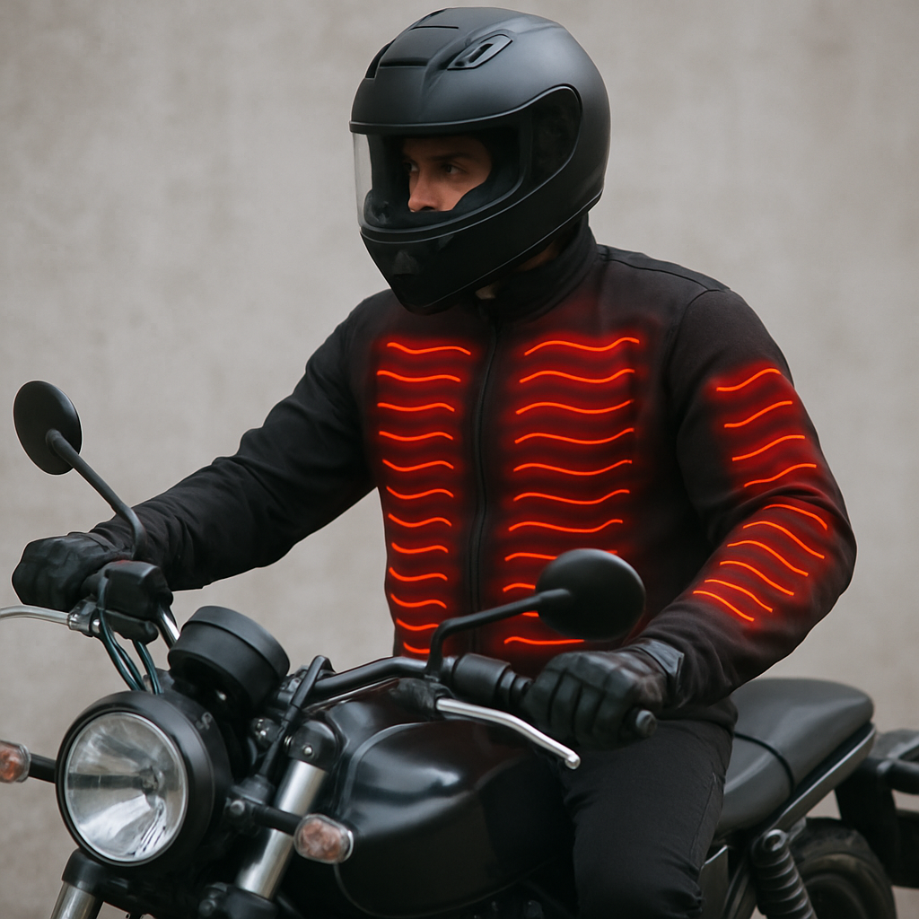 Motorcycle rider wearing a heated jacket liner